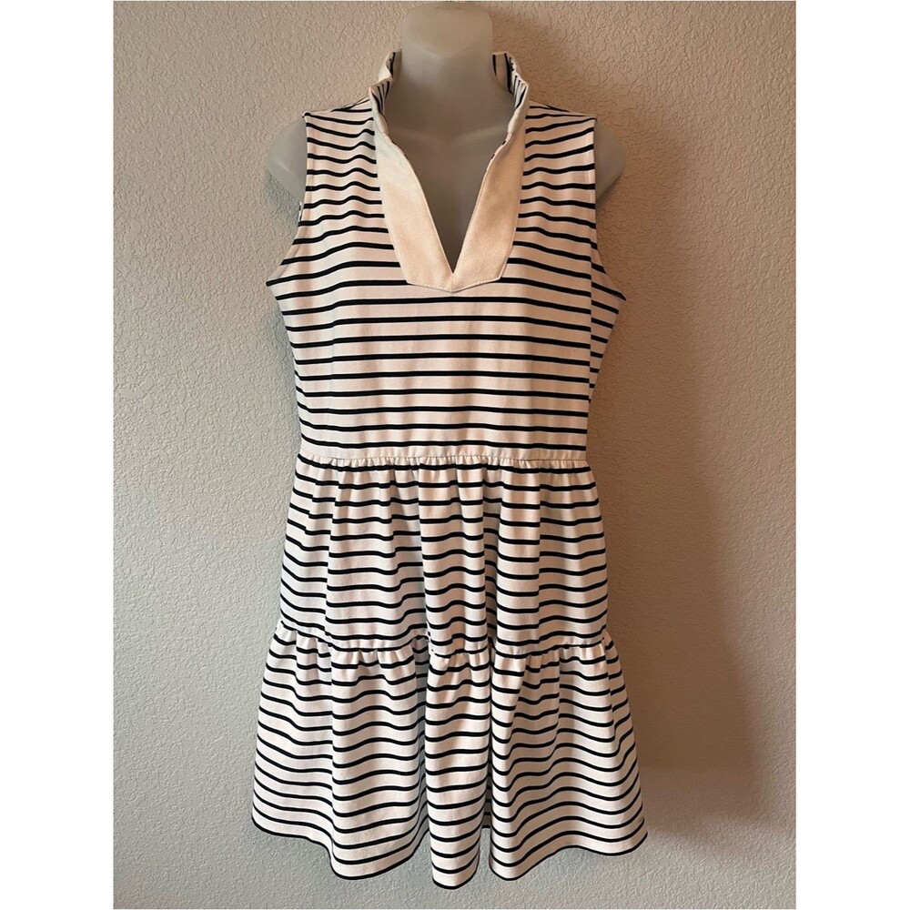 Eliza J Size 10 Navy White Stripe Sleeveless Tiered Ruffle Shift Dress